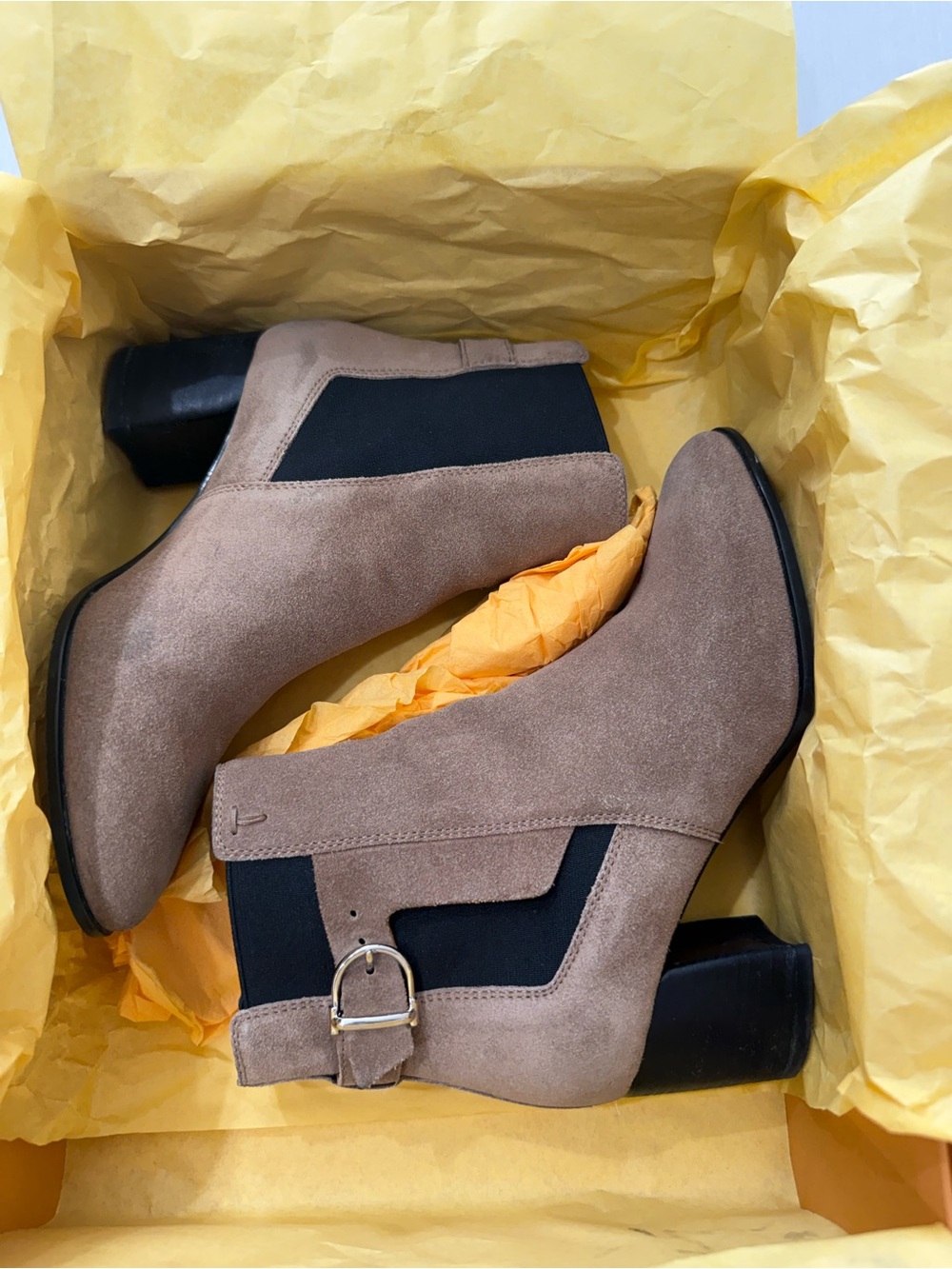 Tod's Taupe Suede Chelsea Booties with Black Elastic Panels and Buckle